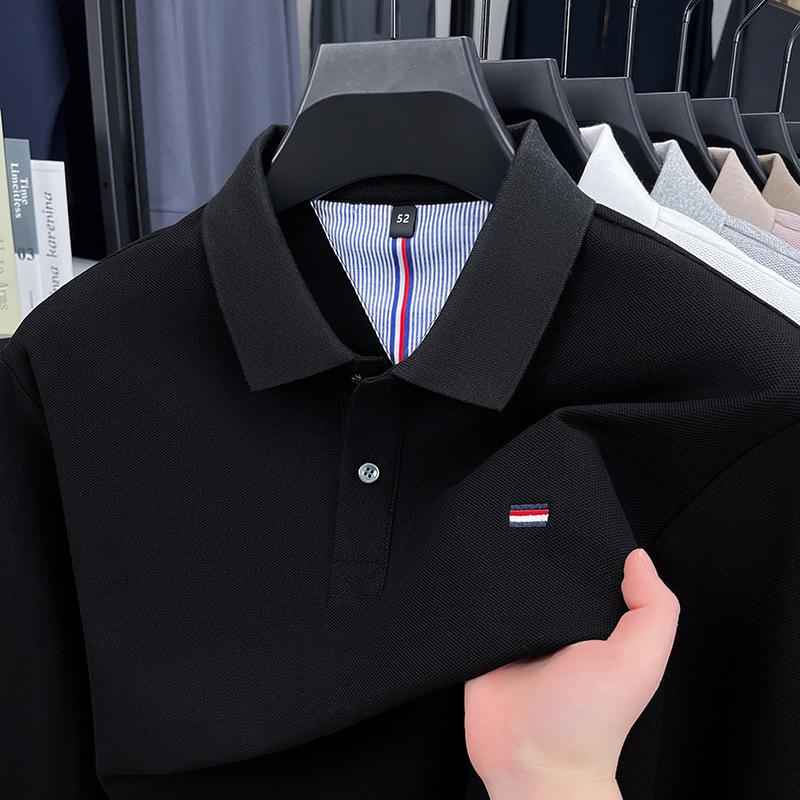 Men's Pure Cotton Embroidered Long-Sleeve Polo Shirt - Business Casual, Solid Color, Versatile for Spring and Autumn
