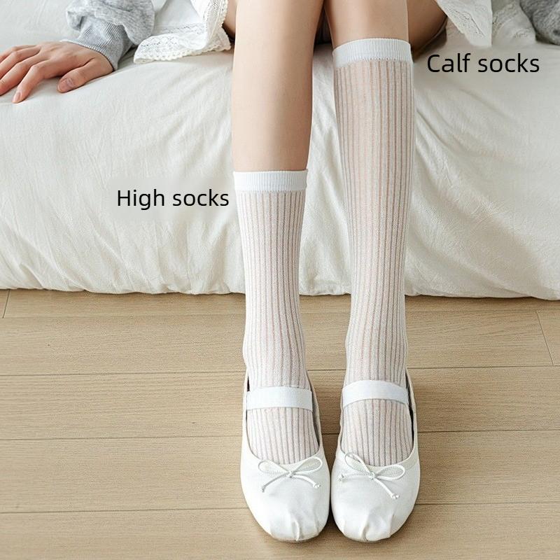 Ladies Summer Thin Vertical Bar College High Tube Calf Cotton Socks