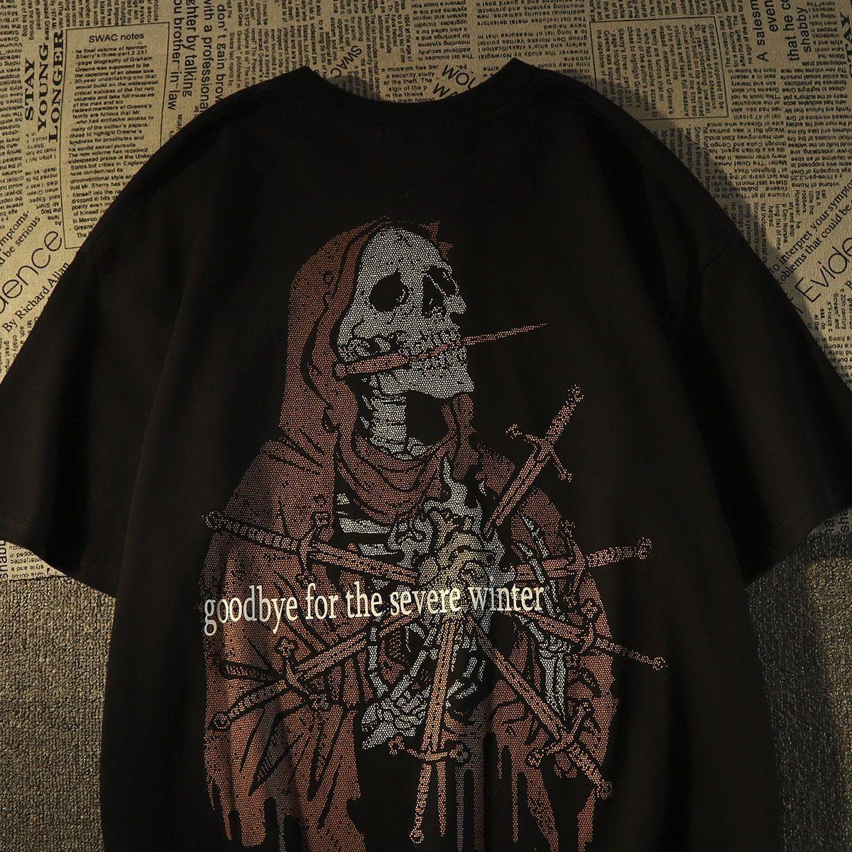 

Хлопковая корейская версия хип-хопа с черепом и буквой, европейская и американская футболка с короткими рукавами в стиле хип-хоп, мужская уличная футболка XL чёрный