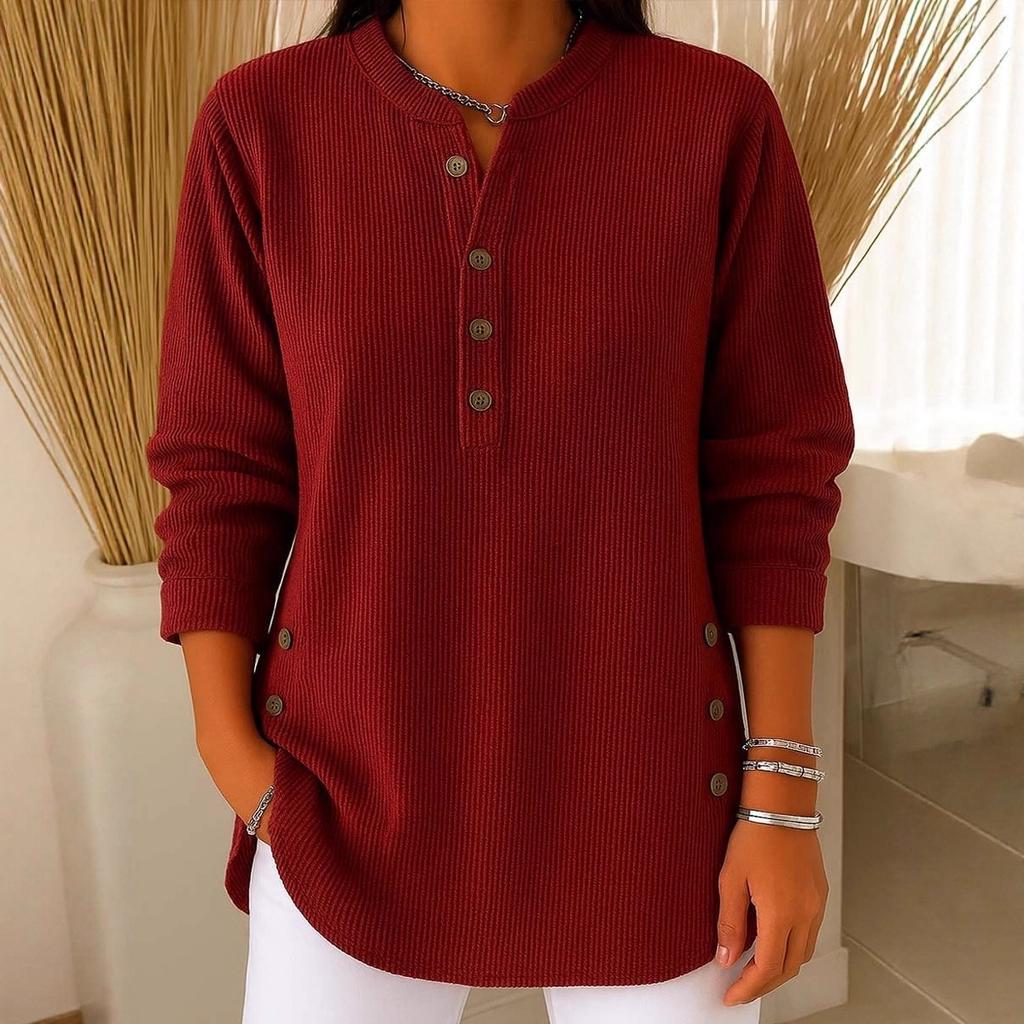 2025 Autumn Winter New Women's Solid Color Loose V-Neck Button Long Sleeve Casual T-Shirt Top for Europe America