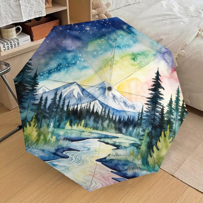 1pc mountain river Automatic Folding Umbrella, Heavy Duty 8 Rib Iron Frame, Suitable for Travel, Daily Use, Birthday, Decor Gift 11