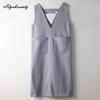 Korean Fashion Autumn Winter Women Sundress V Neck Blue Woolen Midi Sleeveless Dress Warm Wool Tank Dress With Pockets