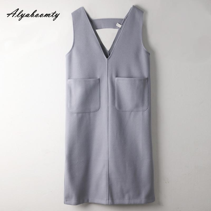 Korean Fashion Autumn Winter Women Sundress V Neck Blue Woolen Midi Sleeveless Dress Warm Wool Tank Dress With Pockets