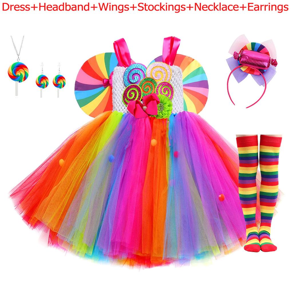 Rainbow Tutu Dress Cute Girls Sweet Lollipop Cosplay Dress up Purim Festival Celebration Costume Candy Design Girls Tutu Dress