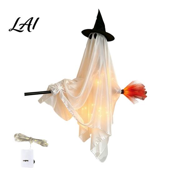 Ghost with Wizard Hat Hanging Broom Halloween Decoration Flying Witch Ornament for Creative Holiday Decor Haunted House Porch Tree Spooky Outdoor