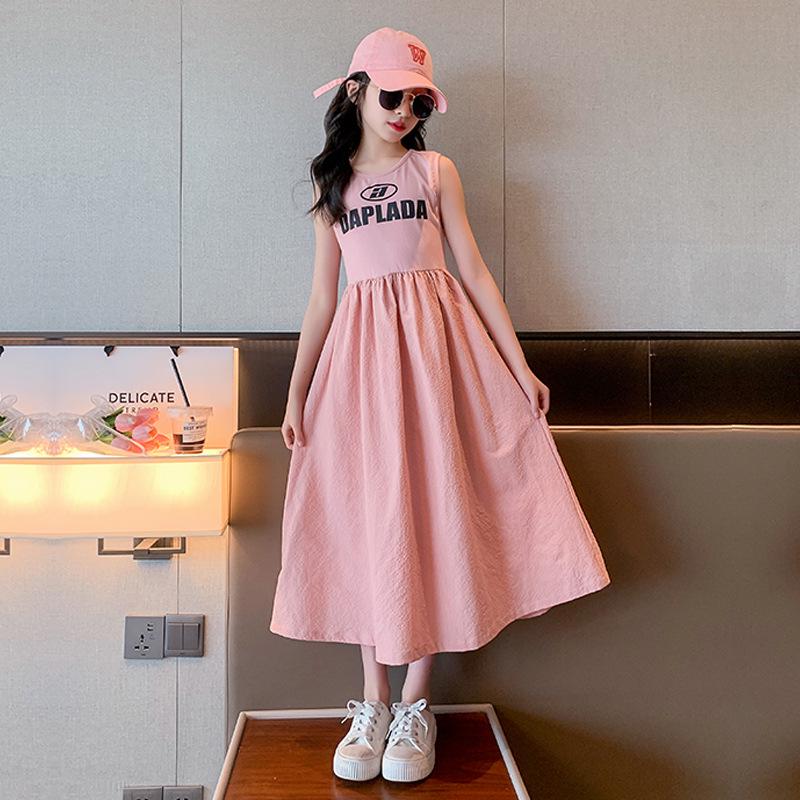 

Летнее платье принцессы в западном стиле без рукавов для девочек - повседневное платье с длинным жилетом 160cm розовый