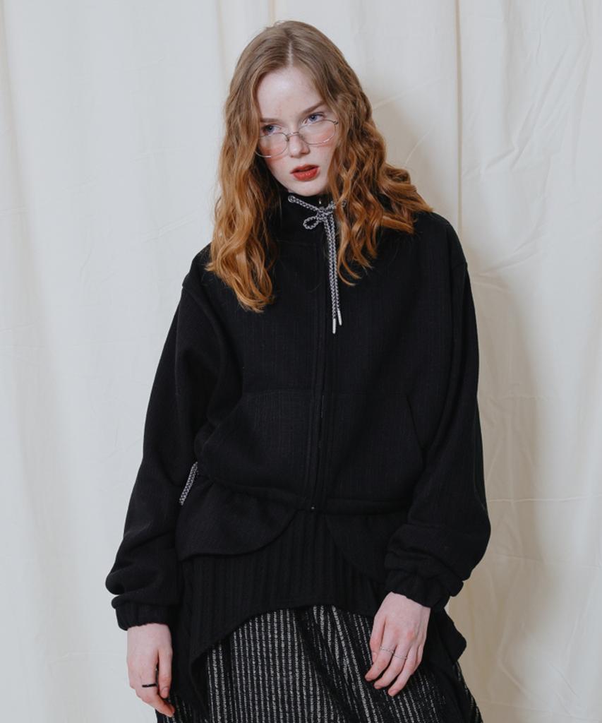 Side String Hoodie Zip-Up Black