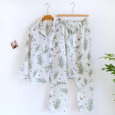 Spring and Summer New Women's Pajamas Set 100% Cotton Double-layer Gauze Long-sleeved Two-piece Set Cartoon Cute and Sweet Home