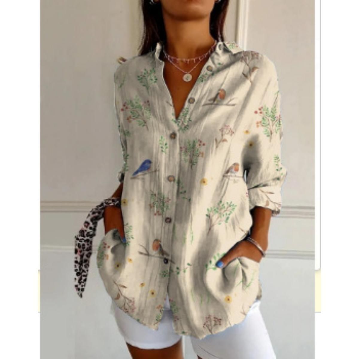 

Жіноча, Повсякденна, З довгим рукавом, Сорочка на ґудзиках, Квітковий принт, Можна прати в машині, Повсякденний, Вільний крій 2XL