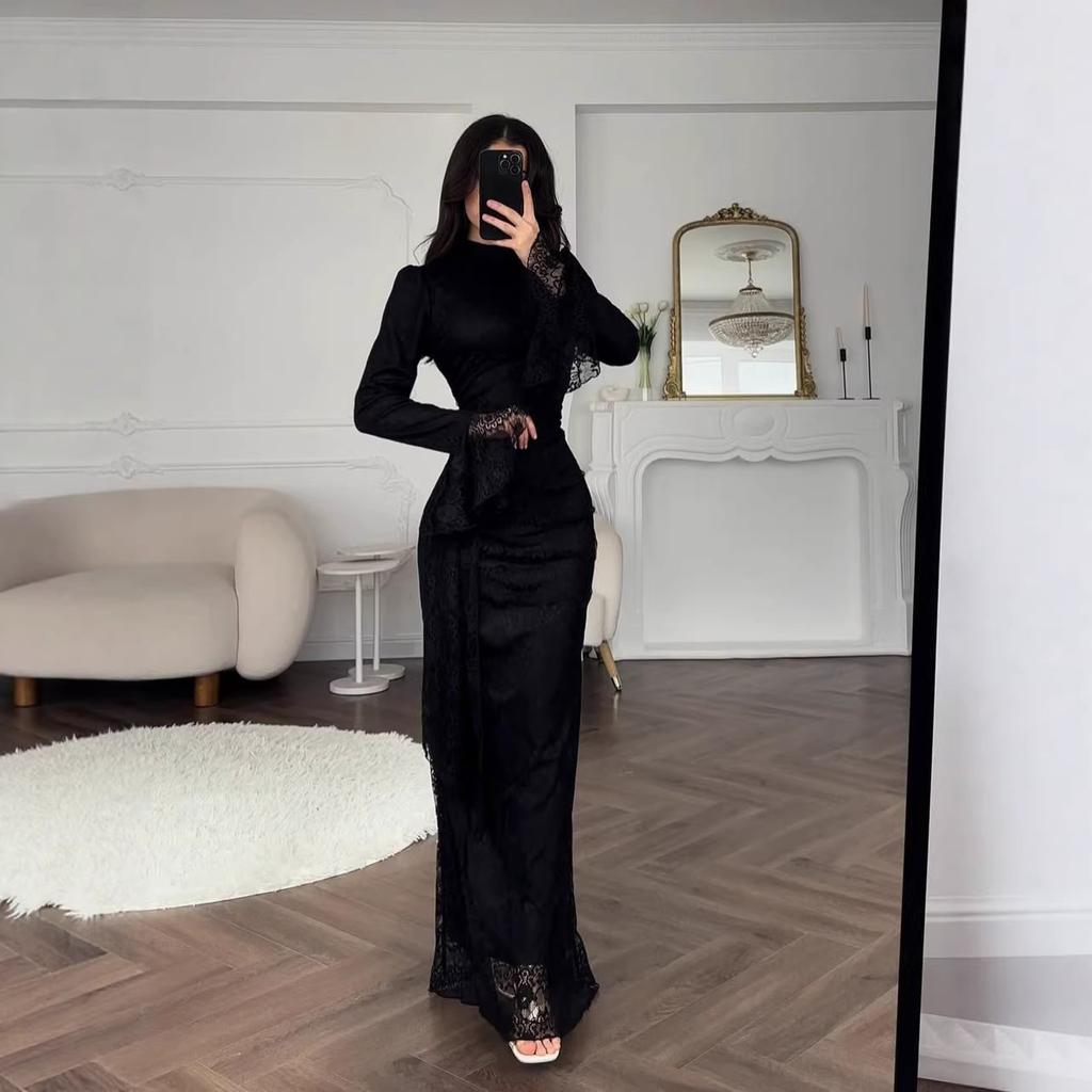 Autumn and Winter Women's Clothing European and American Elegant Lace Hip-wrapped Evening Dress