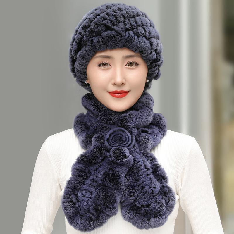 Women Real Rex Rabbit Fur Hat Scarf Set Thickened Warm Winter Rabbit Hat Scarves 2 Pieces For Girls Fashion Outdoor Fur Scarves