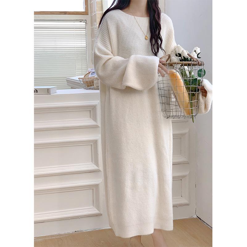 Solid Color Sweater Skirt Women's Loose Large Version, Thin and Lazy Temperament Large Size Knee-length Crew Neck Knitted Dress