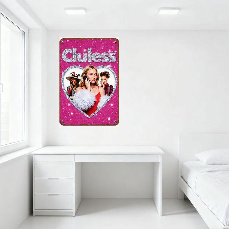 Clueless Movie Theme Metal Tin Sign Vintage Retro Rustic Wall Decor with Sparkly Heart Frame Blonde Red Dress Women for Home Bar