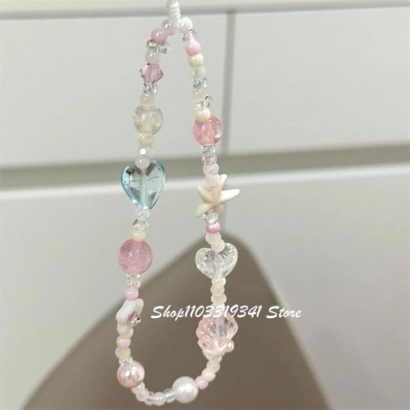 

Korea Cute Love Heart Starfish Shell Beaded Phone Charm Chain For Phone Case Phone Straps Accessories Anti-Lost Keychain Lanyard