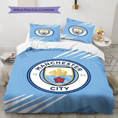 Manchester City FC Pulse Pattern Bedding,Quilt Set Quilt Cover Pillowcase Home Birthday Gift (1 * Duvet Cover + 2 * Pillowcase, Without Core)