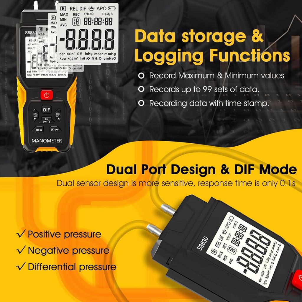 Manômetro Digital T9-S8830 ±36,8 kPa Testador de Pressão HVAC de Porta Dupla 12 Unidades Armazenamento de 99 Dados Luz de Fundo