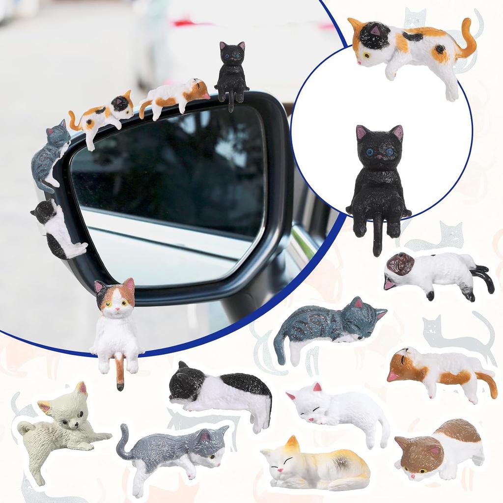 12 Pcs Car Dashboard Decorations Cats Car Interior Accessories, Mini Cat Figurines, Cute Rear View Mirror Accessories Mini Resin Car Decor Fun Cats