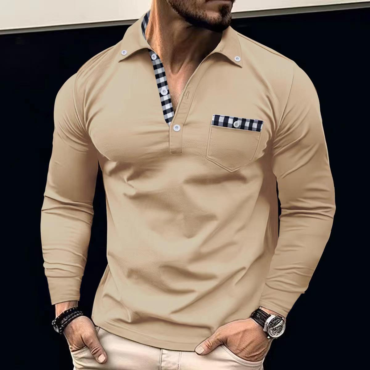 

Весенне-осенняя повседневная мужская рубашка поло с длинным рукавом, с клетчатой вставкой, лацканом XXXL абрикосовый