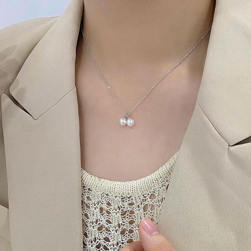 Coliere Simple Franțuzești cu Două Perle cu Temperament și Lanțuri Versatile pentru Claviculă Colier Nișă Nou