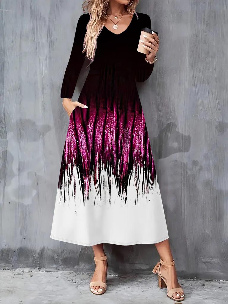 2025 Herbst und Winter Neues Damen Casual Modekleid 3D Retro Musterdruck Langarm V-Ausschnitt A-Linien-Kleider