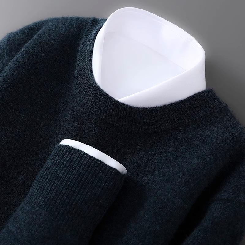 Men's Plus Size 100% Pure Wool Round Neck Cashmere Sweater - Autumn/Winter Casual Knit Pullover