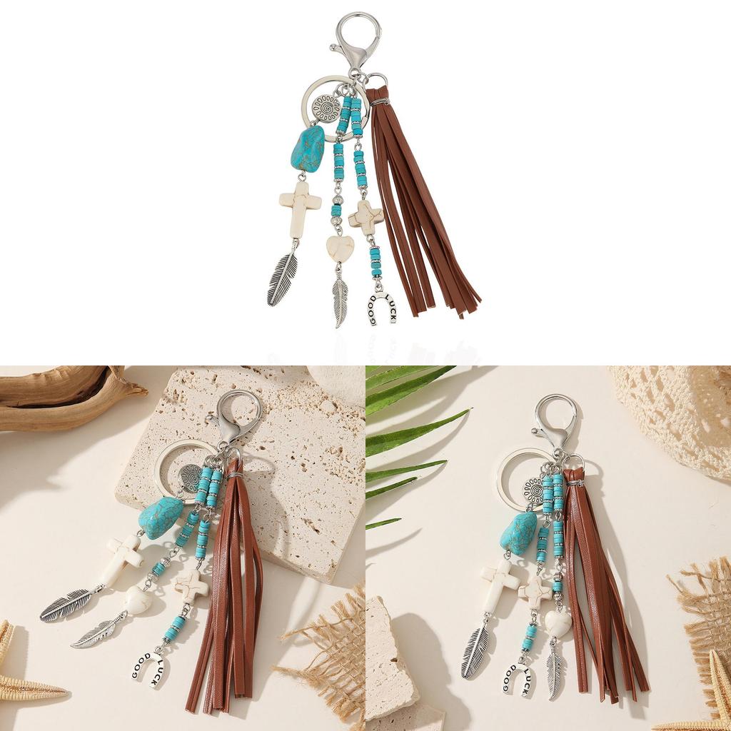 Boho Western Feather Cross Pendant Keychain With Handcrafted Wool For Casual Use