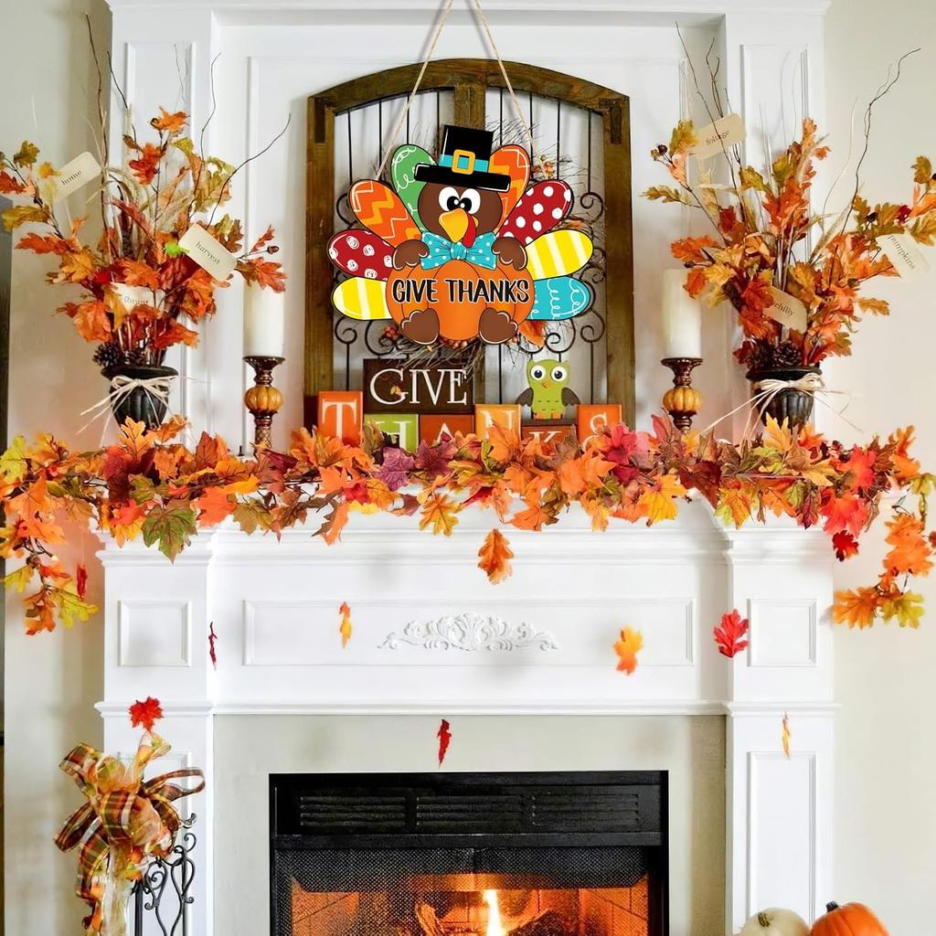 Thanksgiving Decoration Wooden Turkey Pumpkin Door Wreath for Front Door Sign Wall Signs, Thankful Blessed Grateful Pumpkin Sign Hanging for Fall