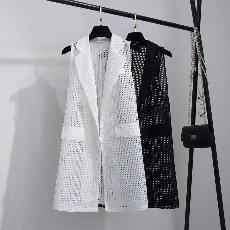 Estate Nero Bianco Completo Blazer Gilet Giacca Stile Donna Pendolare Senza Maniche OL Cardigan Canotta Cappotto