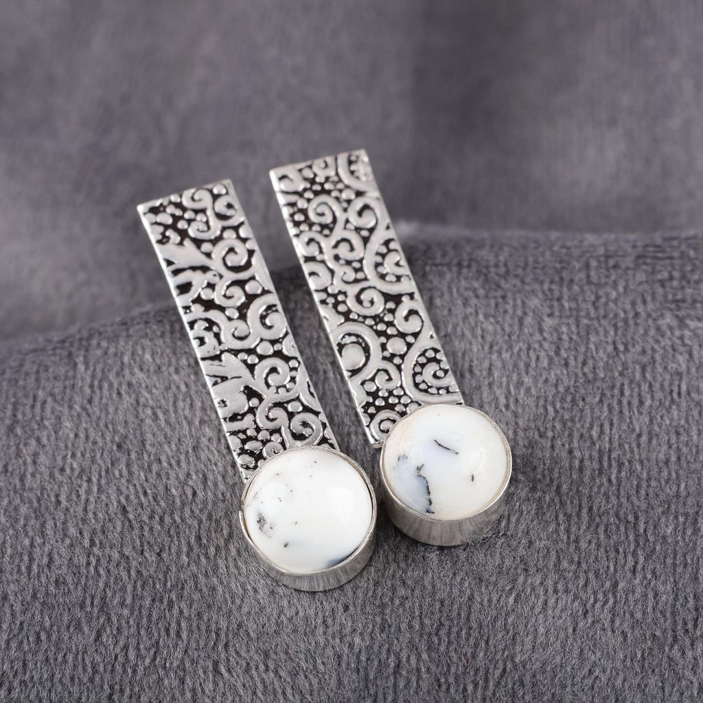 Dendritic Opal Gemstone Jewelry, 925 Solid Sterling Silver Earrings, Handmade Silver Everyday Earrings For Engagement Gift