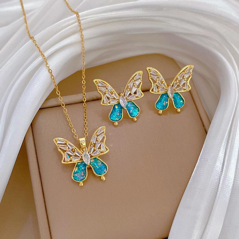 Necklace Earrings Set Light Luxury Full Diamond Blue Bow Personality Temperament Banquet Earrings Necklace Group
