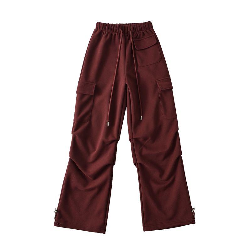 

American vintage Overalls Women 2024 Spring and Autumn Wide-Leg Pants High Waist Slimming Straight Loose Casual Ankle-tied Sweatpants Jujube Red L