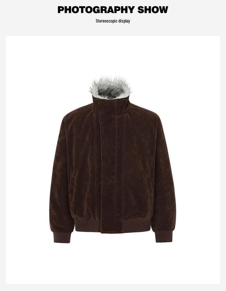 Unisex Winter Hunting Jacket: Wolf & Eagle Design, Thick Velvet & Cotton, Asymmetrical Lapel, Suede Accent, Stand Collar.