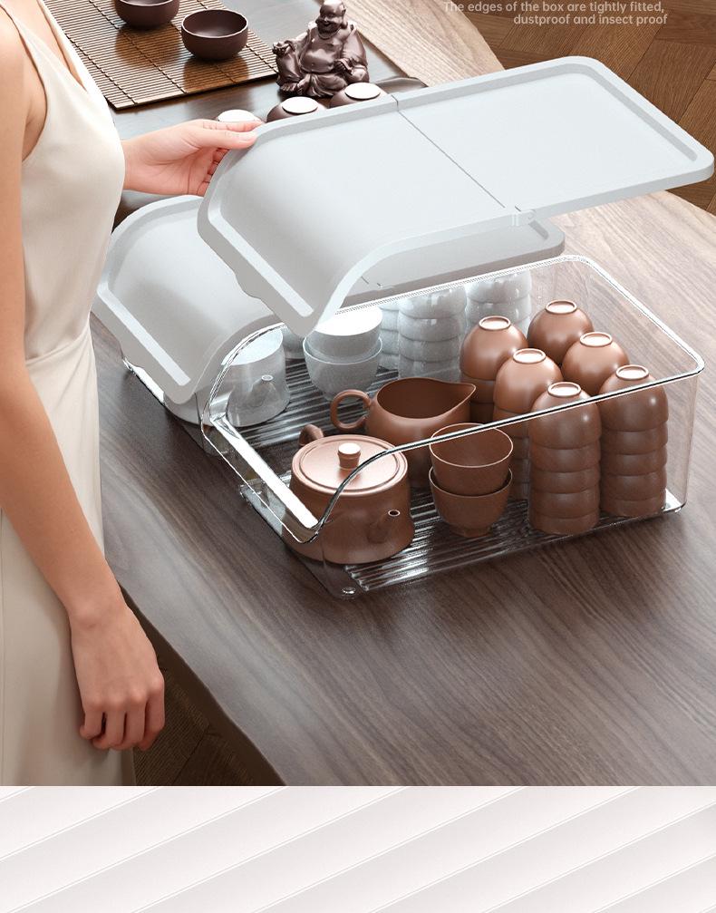White Transparent Tea Set Storage Box with Lid - Dustproof, Moisture-Proof Kitchen Countertop Organizer