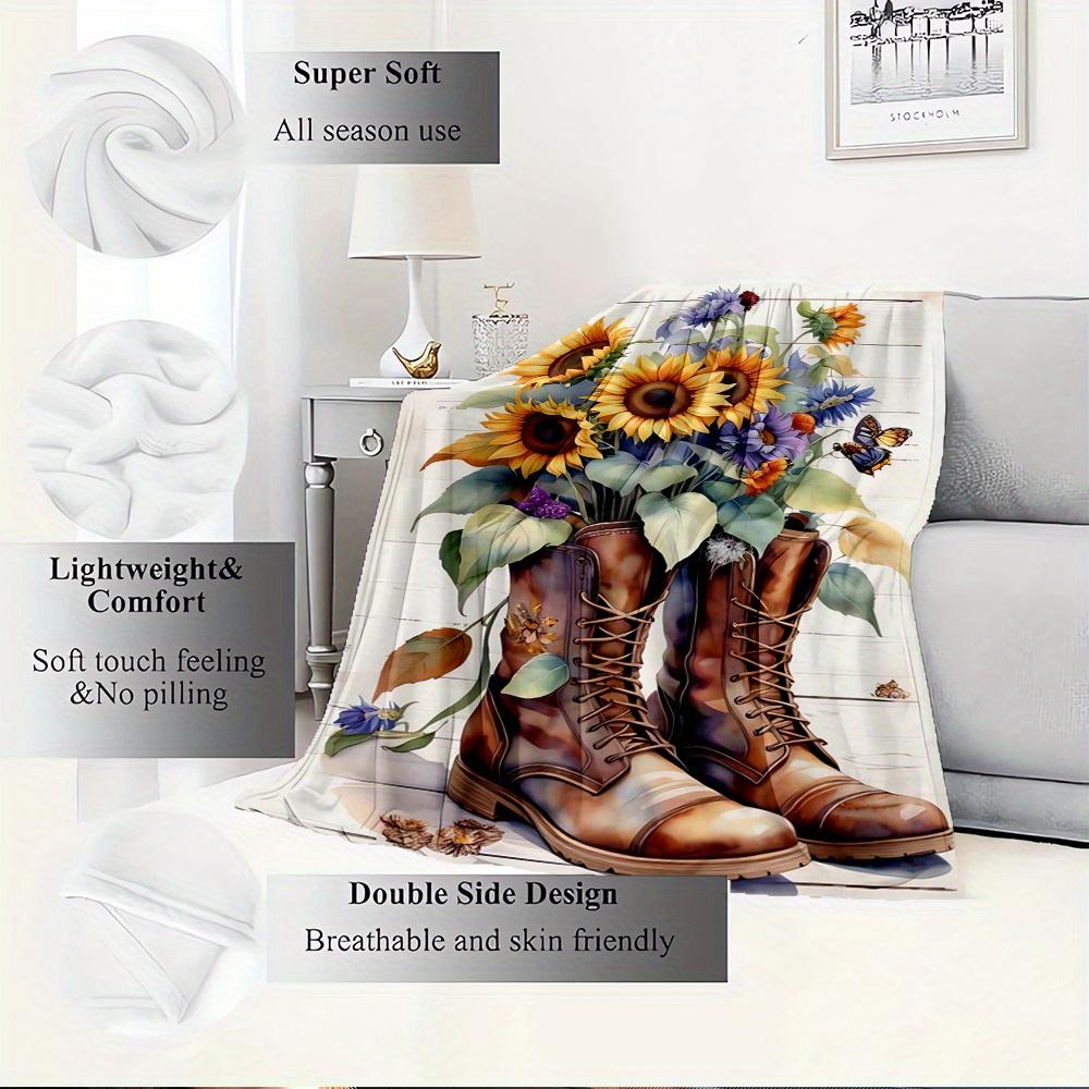 For Boots,Sunflowers,Butterflies-Themed Flannel Blanket, Glam Style, Digital Print, All-Season Comfort, Tear-Resistant, Knitted Craftsmanshi