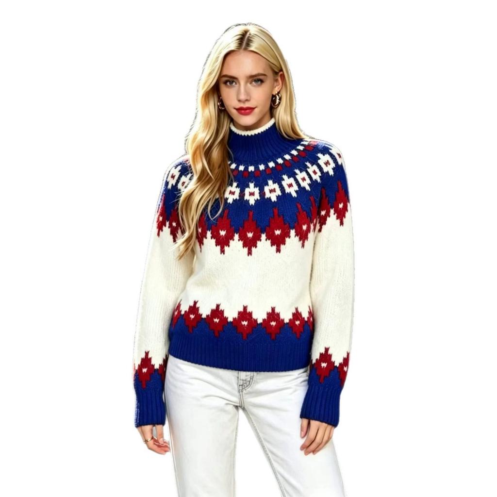 Fall Winter Women's Fair Isle Pattern Half Turtleneck Sweater, Loose Soft Rhombus Jacquard Knit Lazy Top