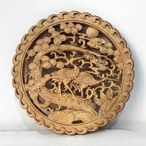 Diameter 27cm/10.8" Chinese style camphor wood carving circular decoration living room entrance background wall pendant