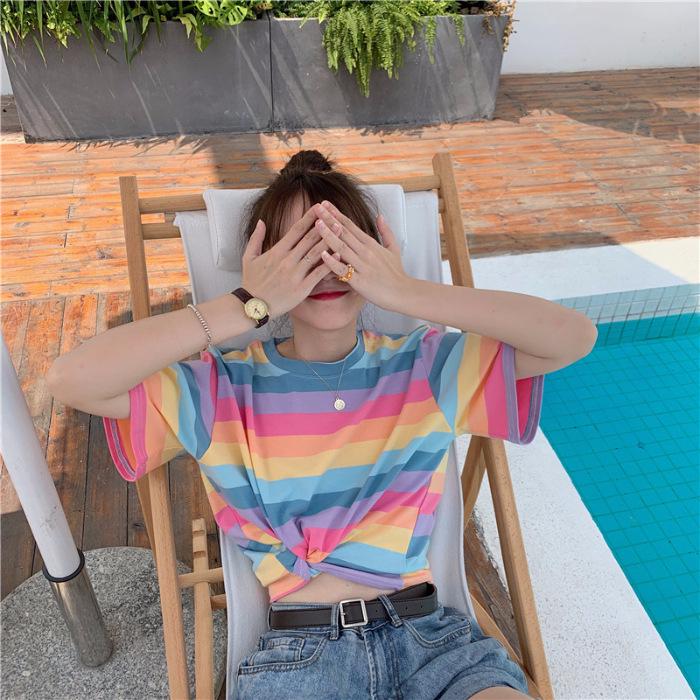 Damen 2024 Sommer Koreanischer Stil Regenbogen Gestreift Locker Kurzarm T-Shirt