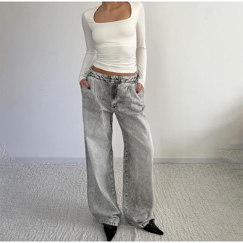 Pantaloni Jeans Versatili a Vita Bassa Donna Vintage Larghi Dritti Gamba Larga Lunghi Jeans Donna Primavera Autunno Moda Quotidiana Streetwear