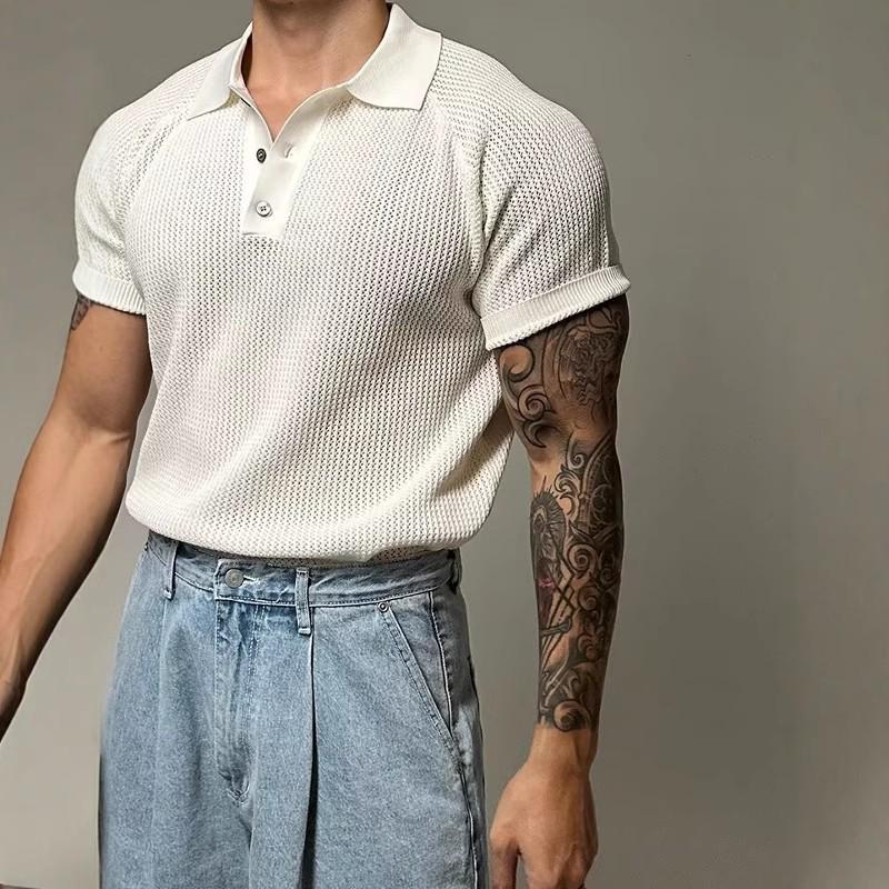 Men's Summer Honeycomb Texture Knitted Polo Shirt with Turn-Down Collar - Breathable Casual Short Sleeve Top