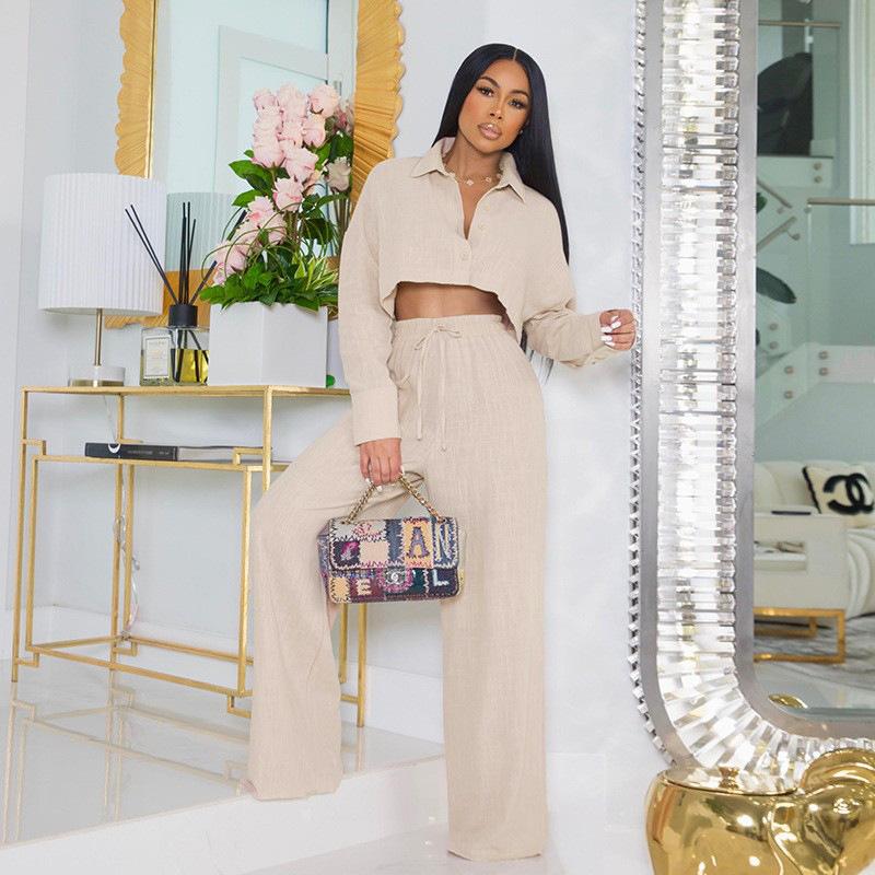 

Жіночий простий однотонний короткий сорочковий широкі брючний повсякденний костюм 2XL абрикосовий