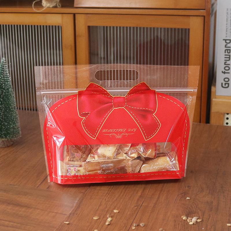 50Pcs Red Bowknot Shape Bread Bags Candy Jewelry Packaging Bag Birthday Festival Party Favor Bag Transparent Self-Lock Pouches