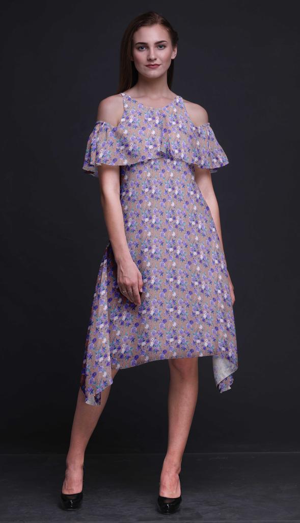 Bimba Floral Print Cold Shoulder Women Swing Tunic Flutter Sleeve Midi