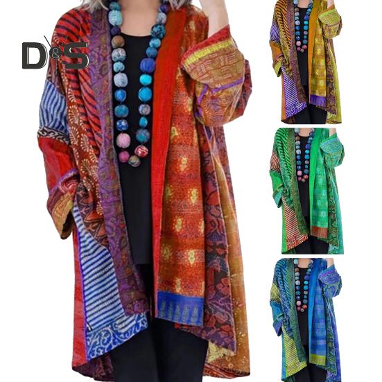 Women Coat with Pockets Colorful Printing Cardigan Long Sleeves Retro Ethnic Style Mid Length Loose Spring Autumn Jacket