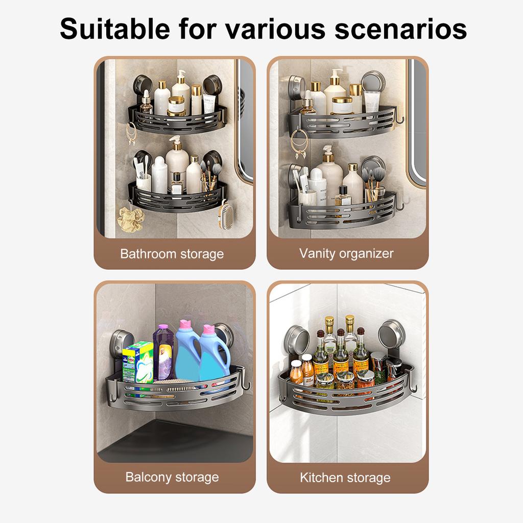 Corner Suction Cup Shower Caddy with Hooks No Drilling Removable Bathroom and Kitchen Storage Organizer for Bathrooms Storage