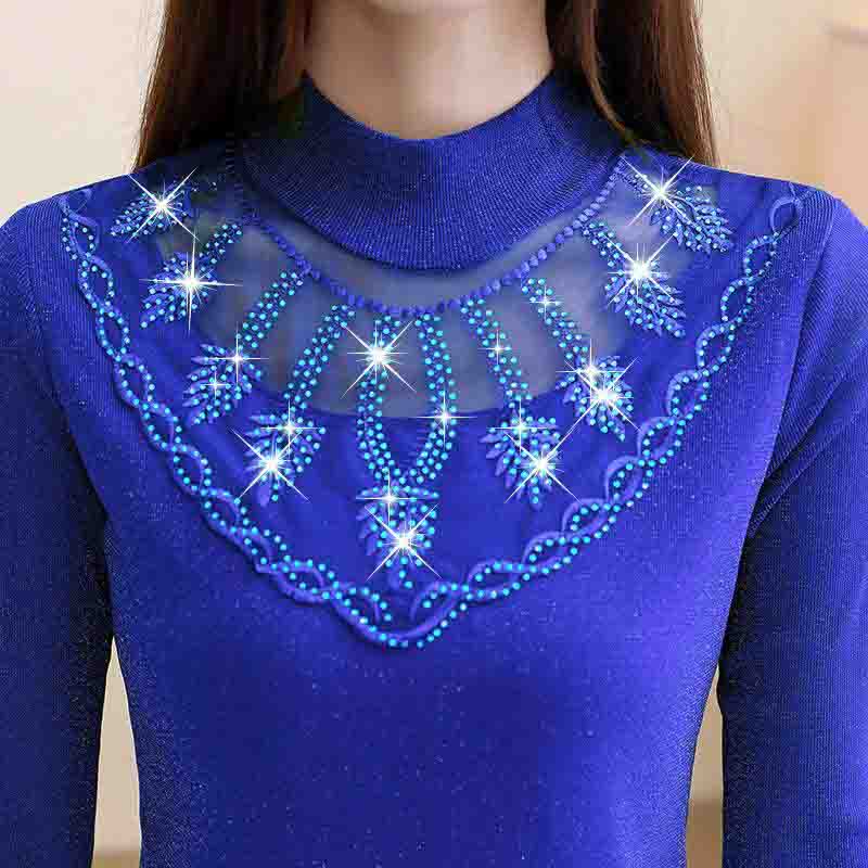 Spring Summer Lace Shirt Women's Wild Slim Bottoming Shirt Large Size Half High Collar Thin Diamond Top