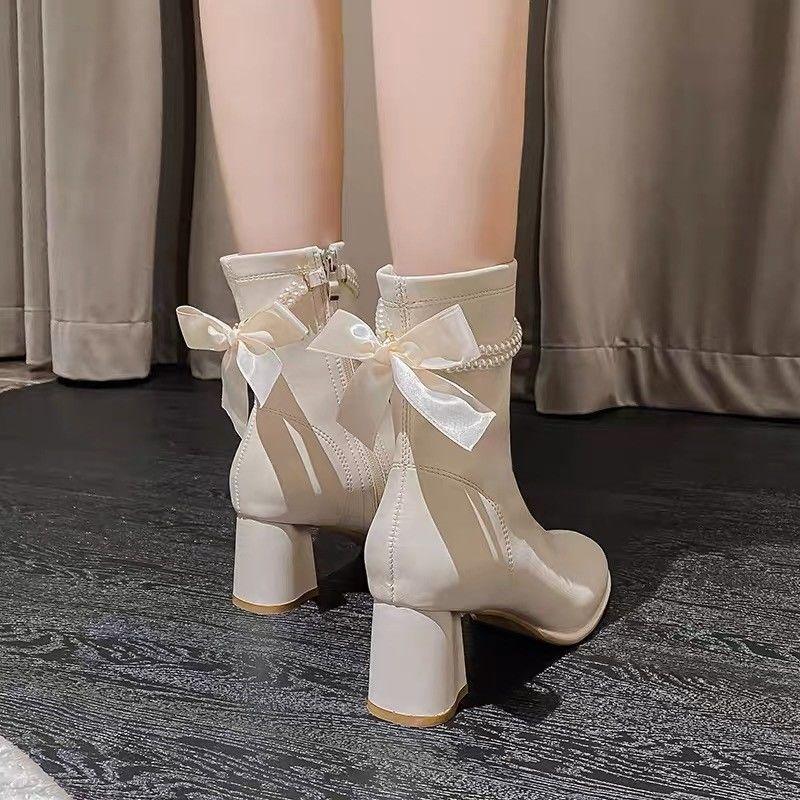 Black High Heels Footwear Mid Calf Elegant Heeled Shoes for Women Ladies Boots White Half Leather On Promotion Fashion 2025 Goth