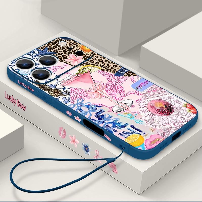 For iPhone 17 Pro Max Case Pink Goblet Bowknots Disco Ball Soft Silicone Lanyard Cover For iPhone 16 Pro Max Cover iPhone 15 14 13 12 11 16E