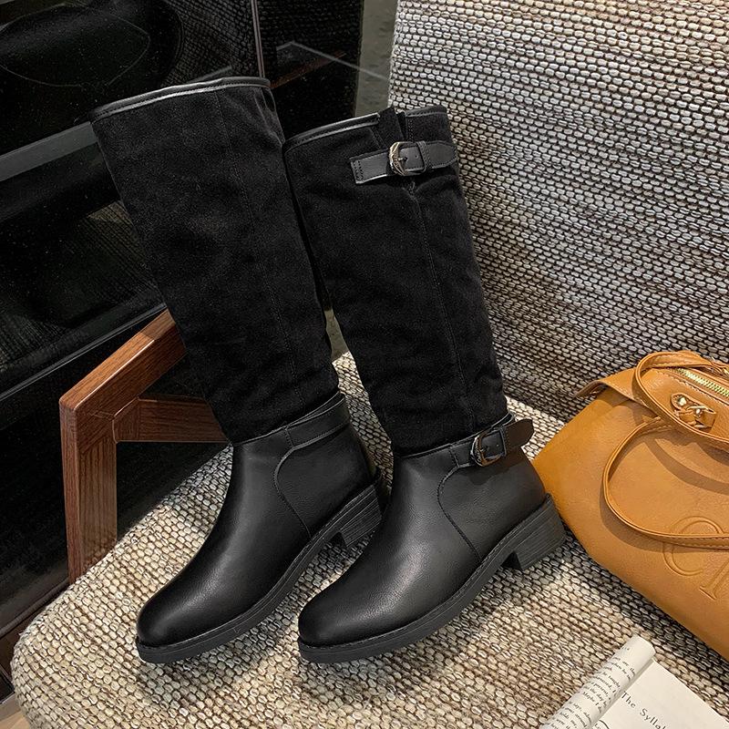 French Retro Belt Buckle Long Knight Boots for Women 2025 New British Style Niche Splicing Large Size High Boots for Women