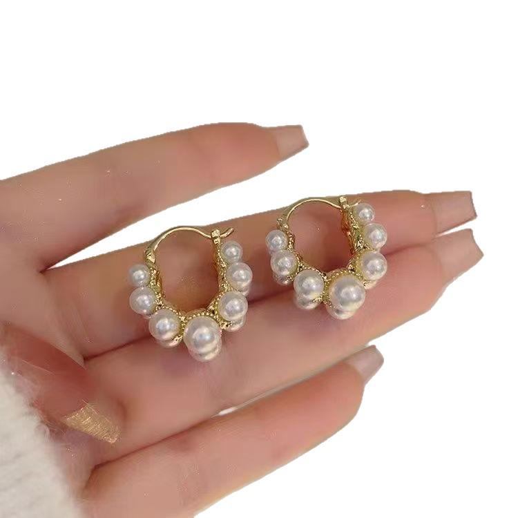 Double Row Pearl Circle Earrings: Women's Light Luxury French Hoops