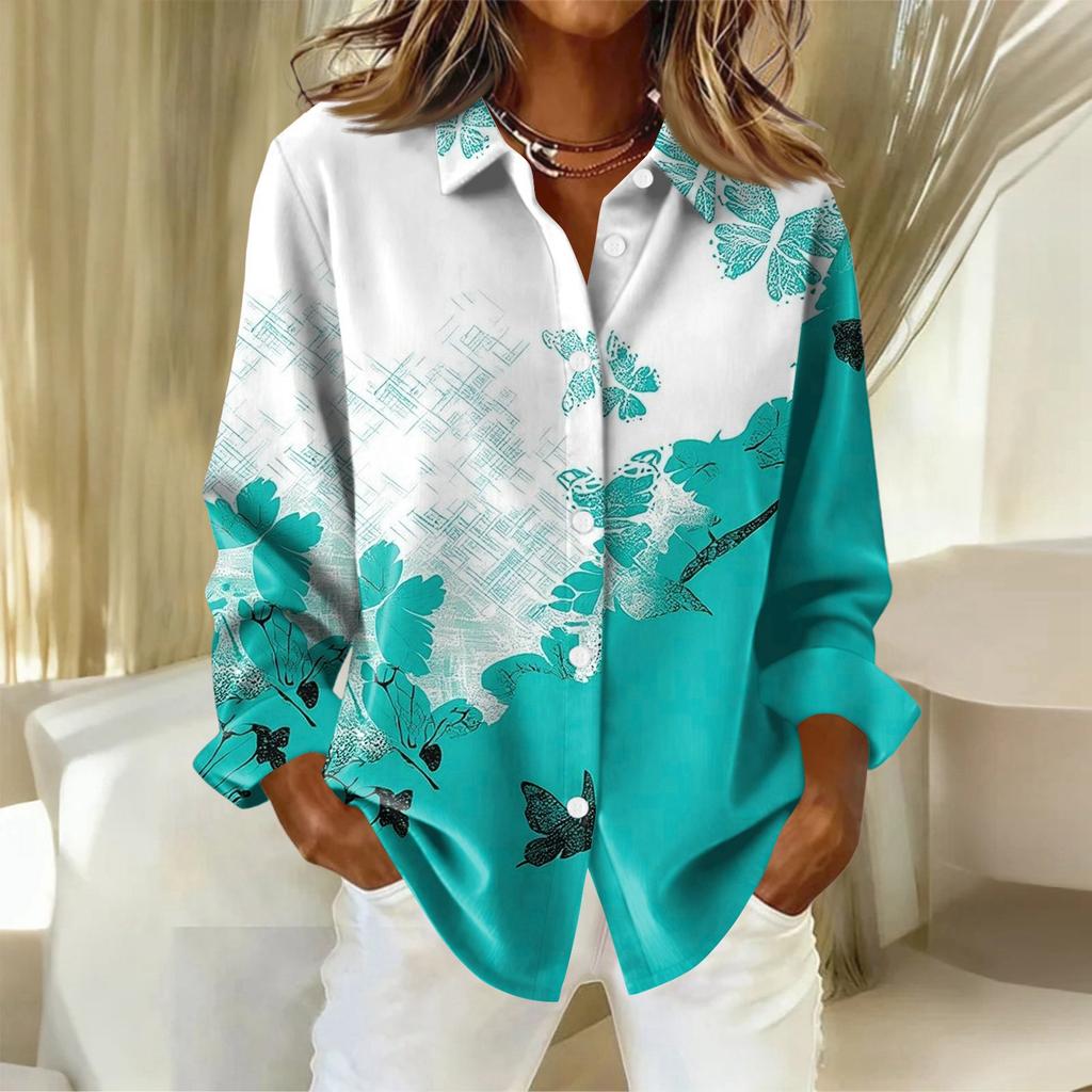 Dámská košile s knoflíky s květinovým potiskem, ležérní košile s dlouhým rukávem, halenky, ležérní základní topy plus size